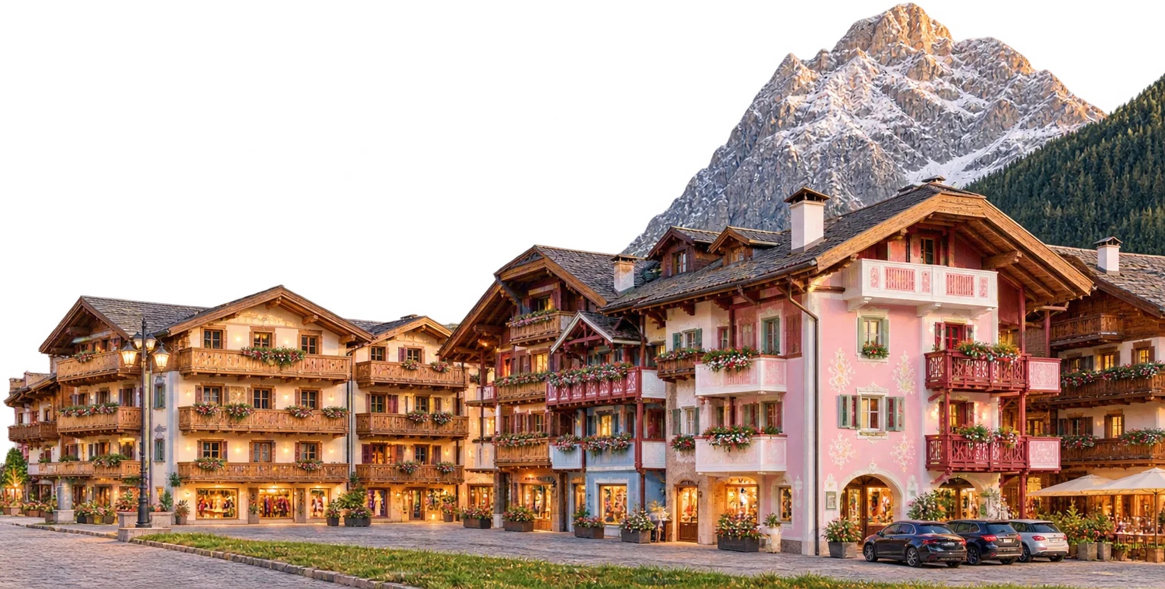 Dorf mit bemalten Häusern am Fuß eines Gipfels
