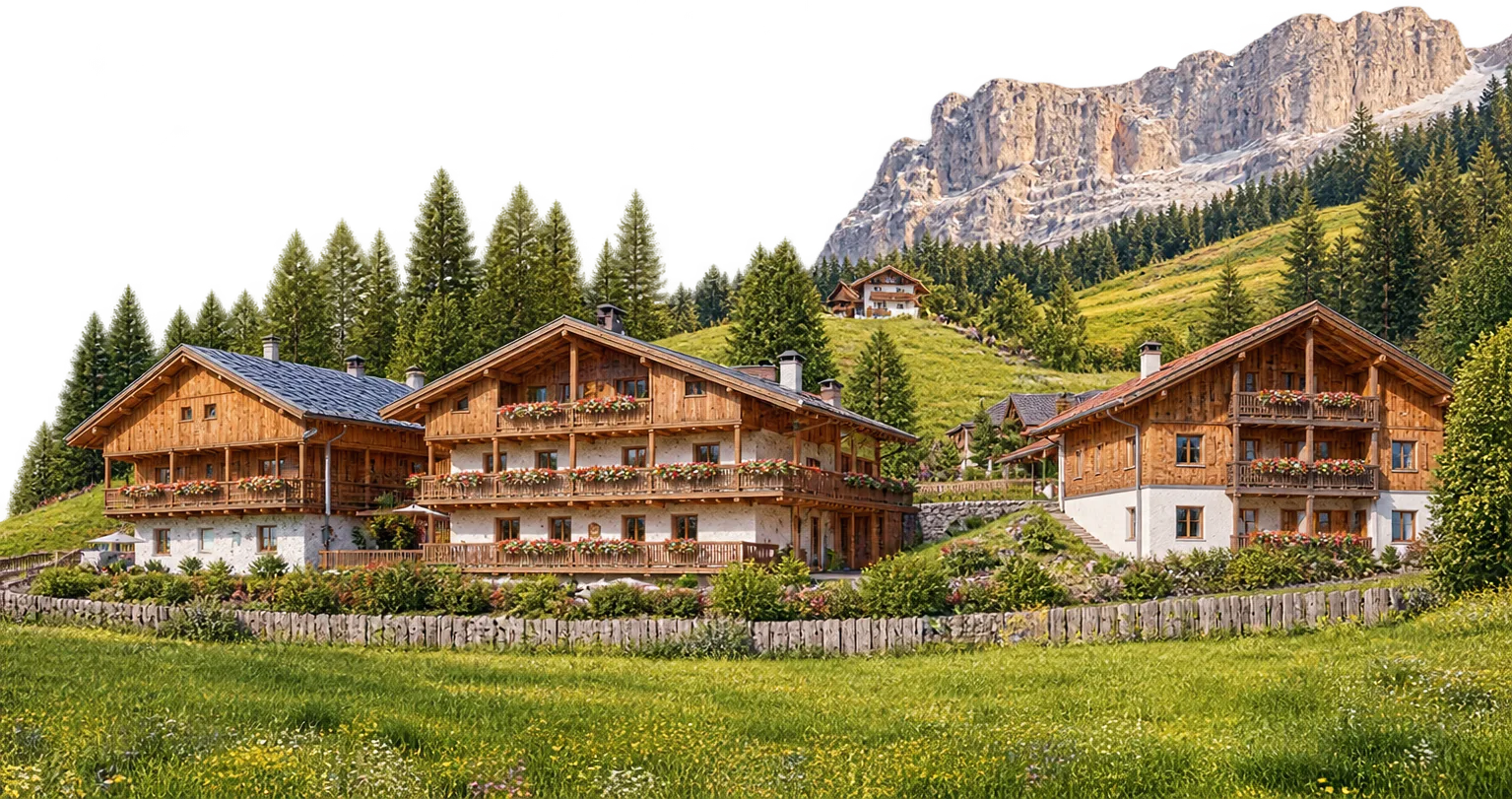 Holzhäuser auf einer Sommerwiese